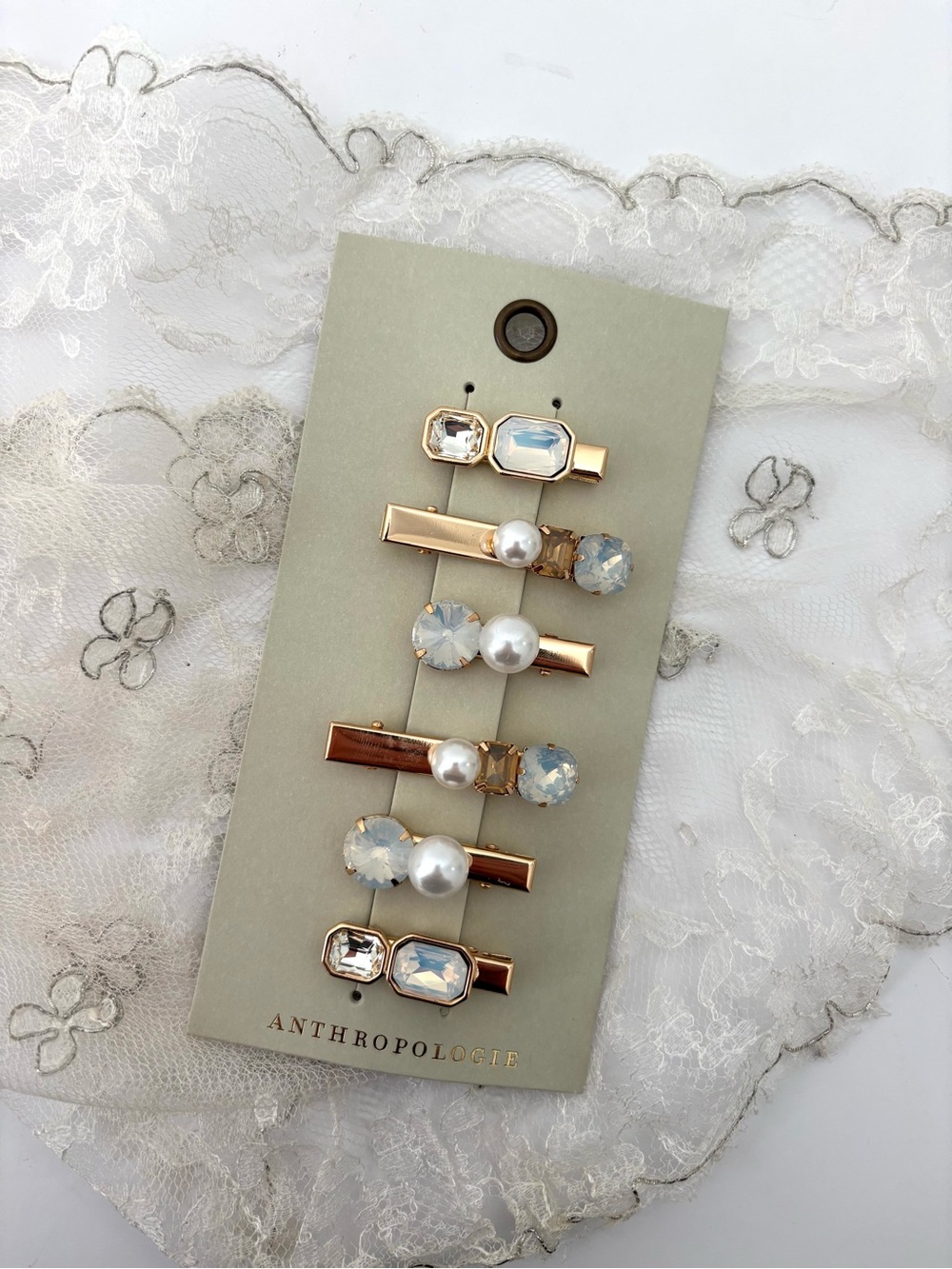 Anthropologie Gemstone Barrettes NWT Gold Pearl/Clear Set-Six Special Occassion
